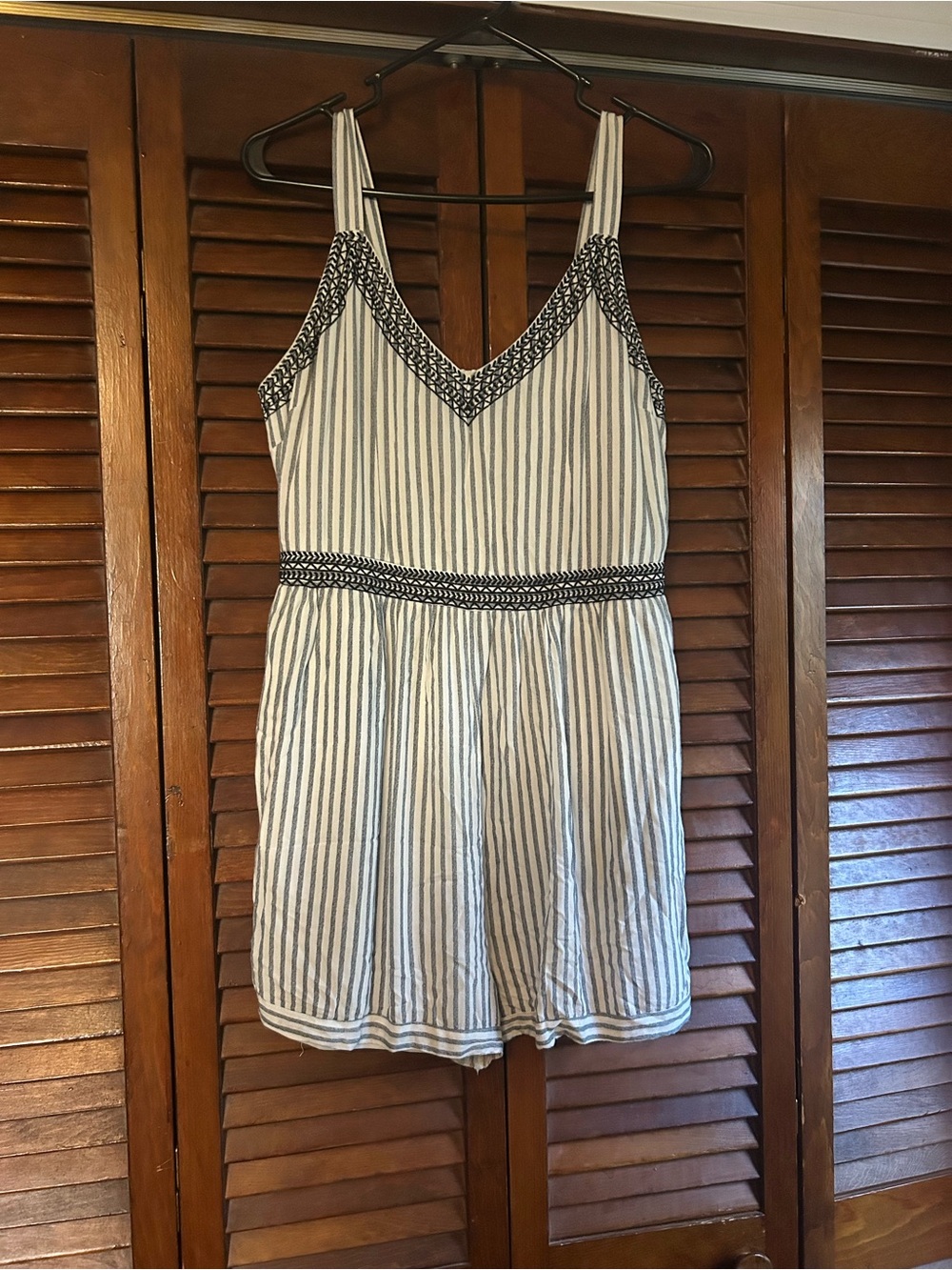 Japna White and Navy Striped V-Neck Romper with Embroidered Trim
